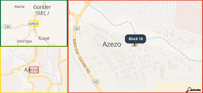 Map showing the address of Block 18 in three different zoom levels.