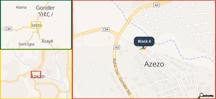 Map showing the address of Block 4 in three different zoom levels.