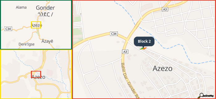 Map showing the address of Block 2 in three different zoom levels.