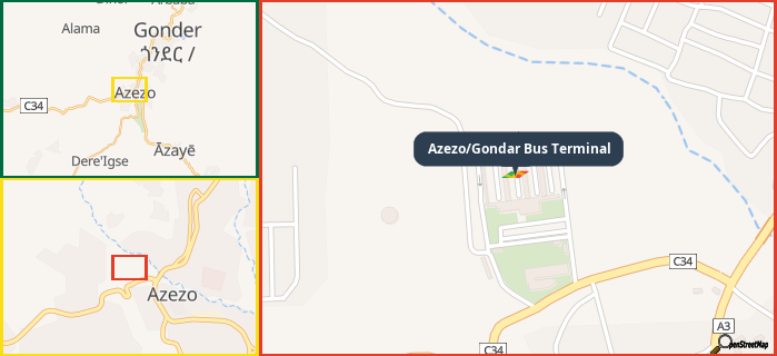 Map showing the address of Azezo/Gondar Bus Terminal in three different zoom levels.