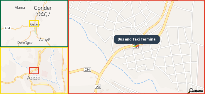 Map showing the address of Bus and Taxi Terminal in three different zoom levels.