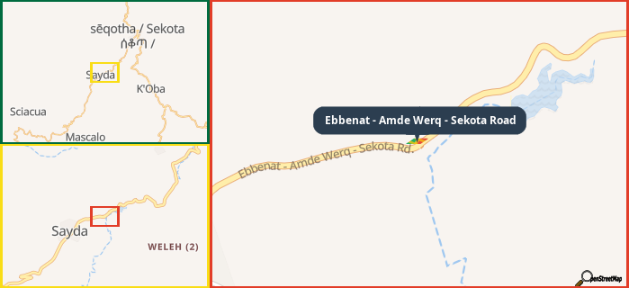 Map showing the address of Ebbenat - Amde Werq - Sekota Road in three different zoom levels.