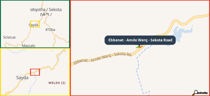 Map showing the address of Ebbenat - Amde Werq - Sekota Road in three different zoom levels.