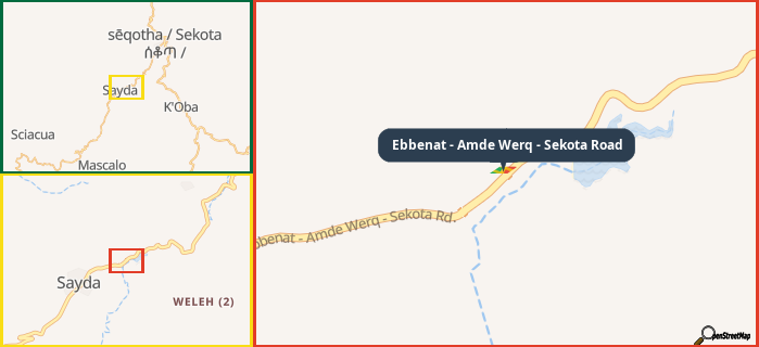 Map showing the address of Ebbenat - Amde Werq - Sekota Road in three different zoom levels.