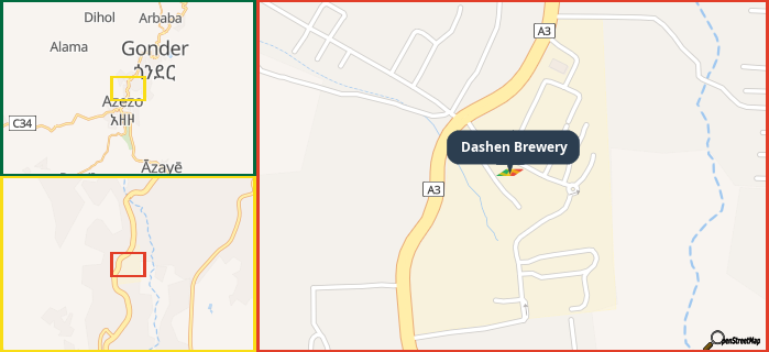 Map showing the address of Dashen Brewery in three different zoom levels.