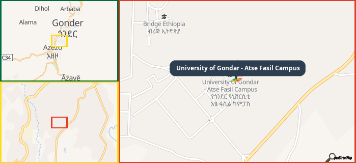 Map showing the address of University of Gondar - Atse Fasil Campus in three different zoom levels.
