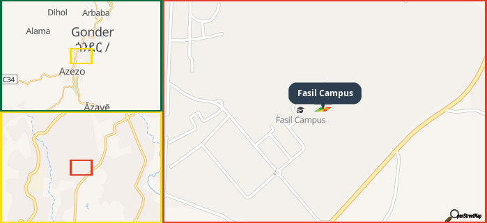 Map showing the address of Fasil Campus in three different zoom levels.