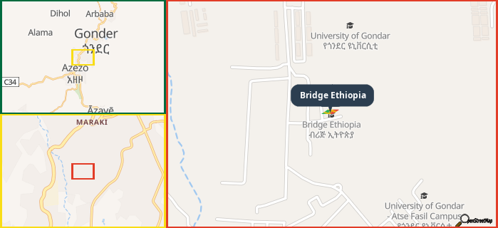 Map showing the address of Bridge Ethiopia in three different zoom levels.