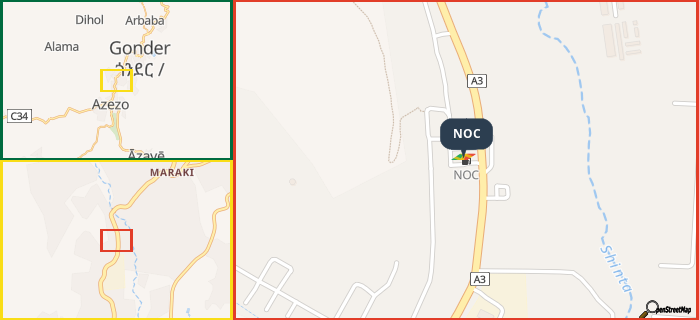 Map showing the address of NOC in three different zoom levels.