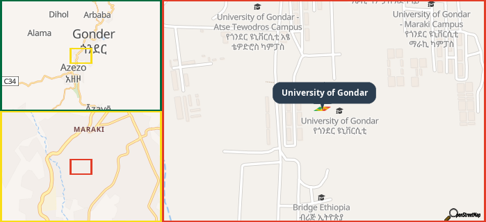 Map showing the address of University of Gondar in three different zoom levels.