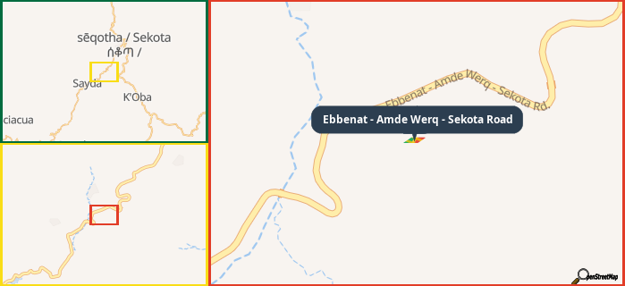 Map showing the address of Ebbenat - Amde Werq - Sekota Road in three different zoom levels.