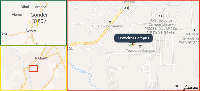 Map showing the address of Tewodros Campus in three different zoom levels.
