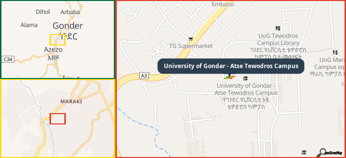 Map showing the address of University of Gondar - Atse Tewodros Campus in three different zoom levels.