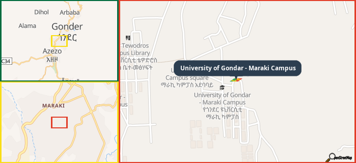 Map showing the address of University of Gondar - Maraki Campus in three different zoom levels.