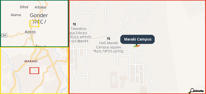 Map showing the address of Maraki Campus in three different zoom levels.