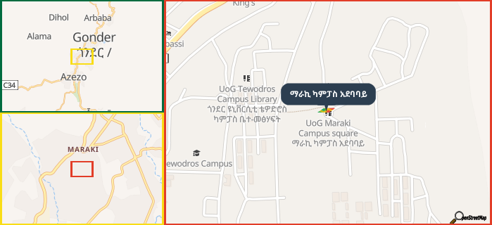 Map showing the address of ማራኪ ካምፓስ አደባባይ in three different zoom levels.