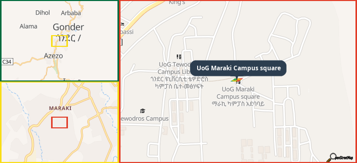 Map showing the address of UoG Maraki Campus square in three different zoom levels.