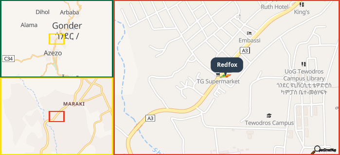 Map showing the address of Redfox in three different zoom levels.