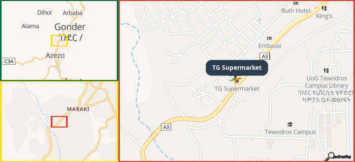 Map showing the address of TG Supermarket in three different zoom levels.