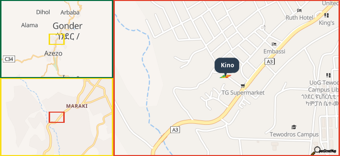 Map showing the address of Kino in three different zoom levels.