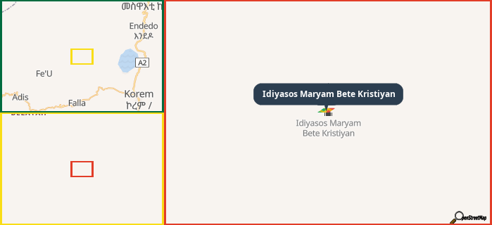 Map showing the address of Idiyasos Maryam Bete Kristiyan in three different zoom levels.
