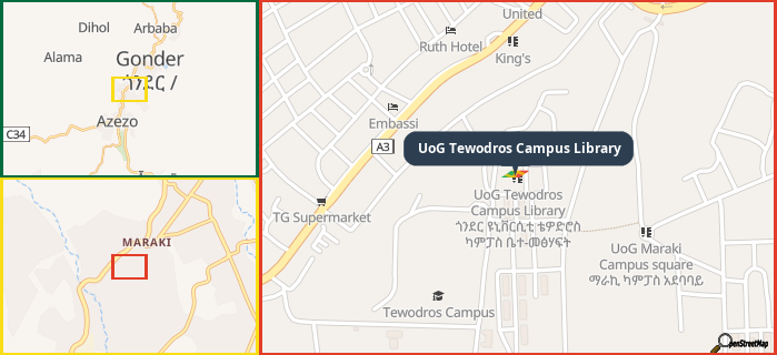 Map showing the address of UoG Tewodros Campus Library in three different zoom levels.