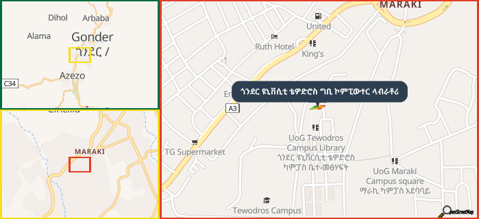 Map showing the address of ጎንደር ዩኒቨሲቲ ቴዎድሮስ ግቢ ኮምፒውተር ላብራቶሪ in three different zoom levels.