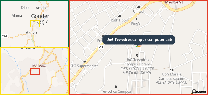 Map showing the address of UoG Tewodros campus computer Lab in three different zoom levels.