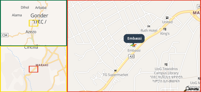 Map showing the address of Embassi in three different zoom levels.