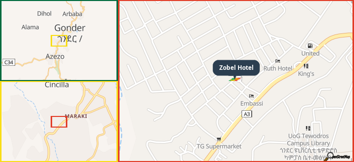 Map showing the address of Zobel Hotel in three different zoom levels.
