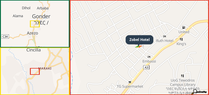 Map showing the address of Zobel Hotel in three different zoom levels.