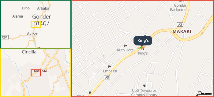 Map showing the address of King's in three different zoom levels.