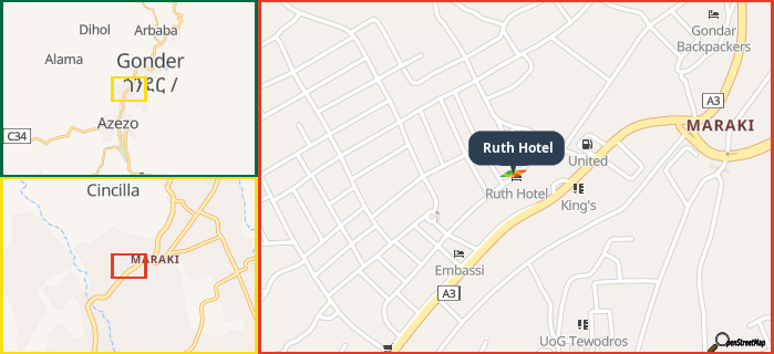 Map showing the address of Ruth Hotel in three different zoom levels.
