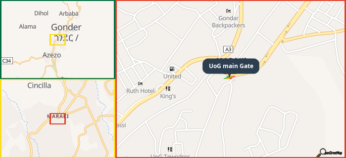 Map showing the address of UoG main Gate in three different zoom levels.