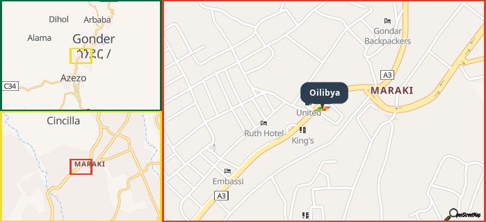 Map showing the address of Oilibya in three different zoom levels.