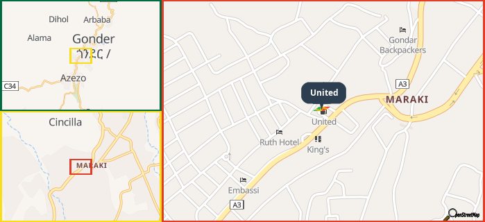 Map showing the address of United in three different zoom levels.