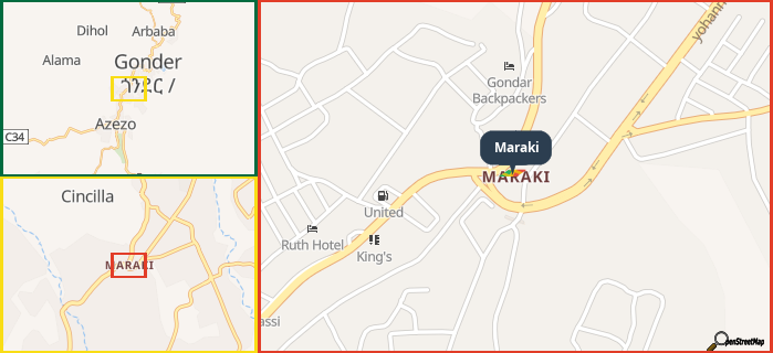 Map showing the address of Maraki in three different zoom levels.