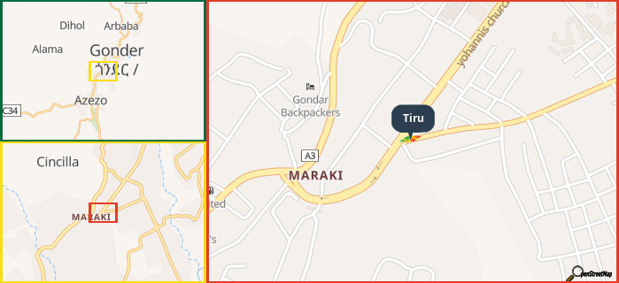Map showing the address of Tiru in three different zoom levels.