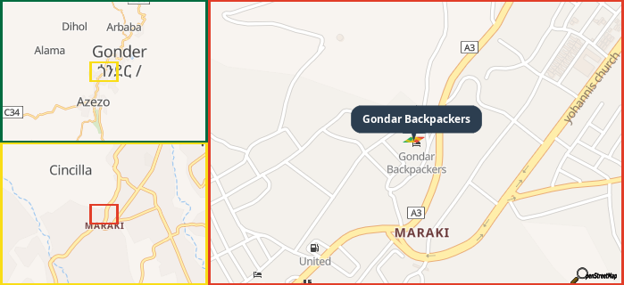 Map showing the address of Gondar Backpackers in three different zoom levels.