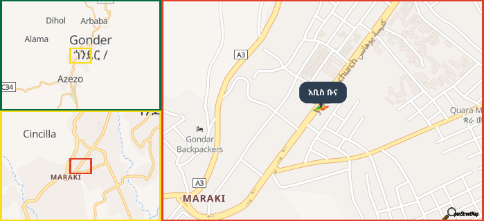Map showing the address of አቢስ ቡና in three different zoom levels.