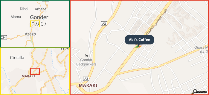 Map showing the address of Abi's Coffee in three different zoom levels.