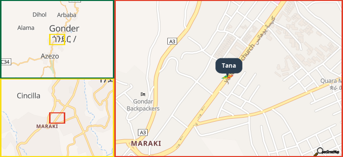 Map showing the address of Tana in three different zoom levels.