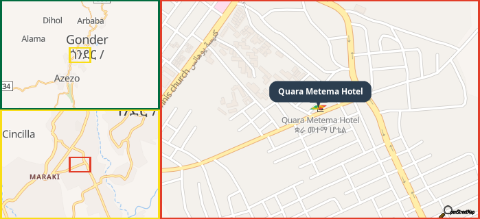 Map showing the address of Quara Metema Hotel in three different zoom levels.