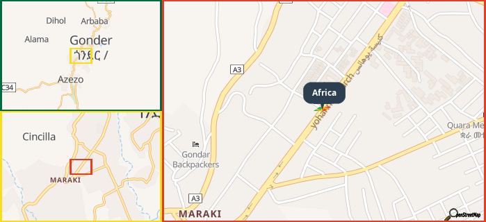 Map showing the address of Africa in three different zoom levels.