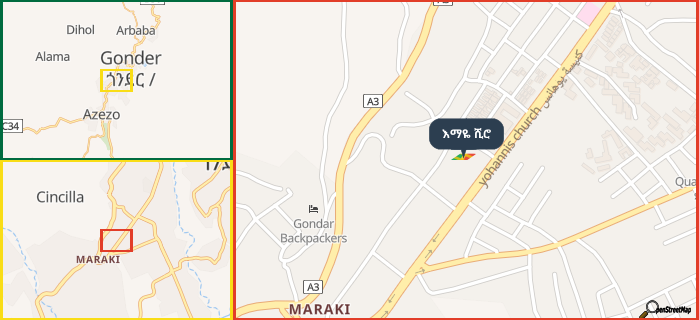 Map showing the address of እማዬ ሺሮ in three different zoom levels.