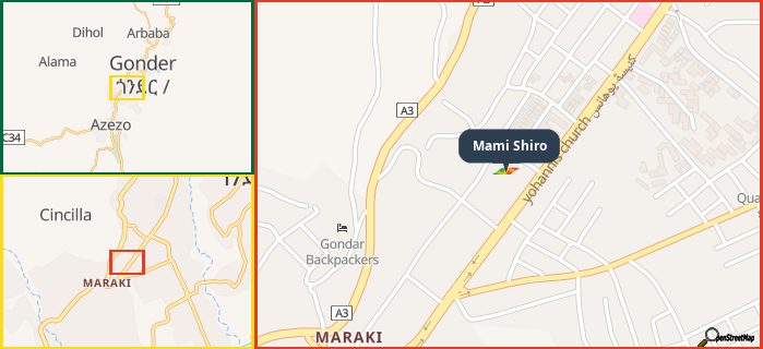 Map showing the address of Mami Shiro in three different zoom levels.