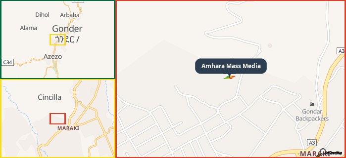 Map showing the address of Amhara Mass Media in three different zoom levels.