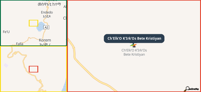 Map showing the address of Ch'Elk'O K'Irk'Os Bete Kristiyan in three different zoom levels.