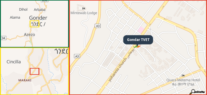 Map showing the address of Gondar TVET in three different zoom levels.