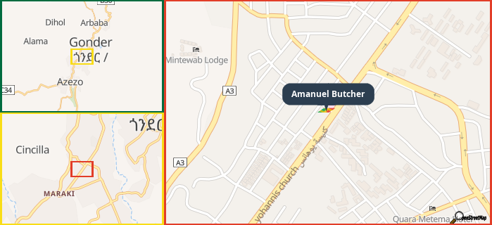 Map showing the address of Amanuel Butcher in three different zoom levels.
